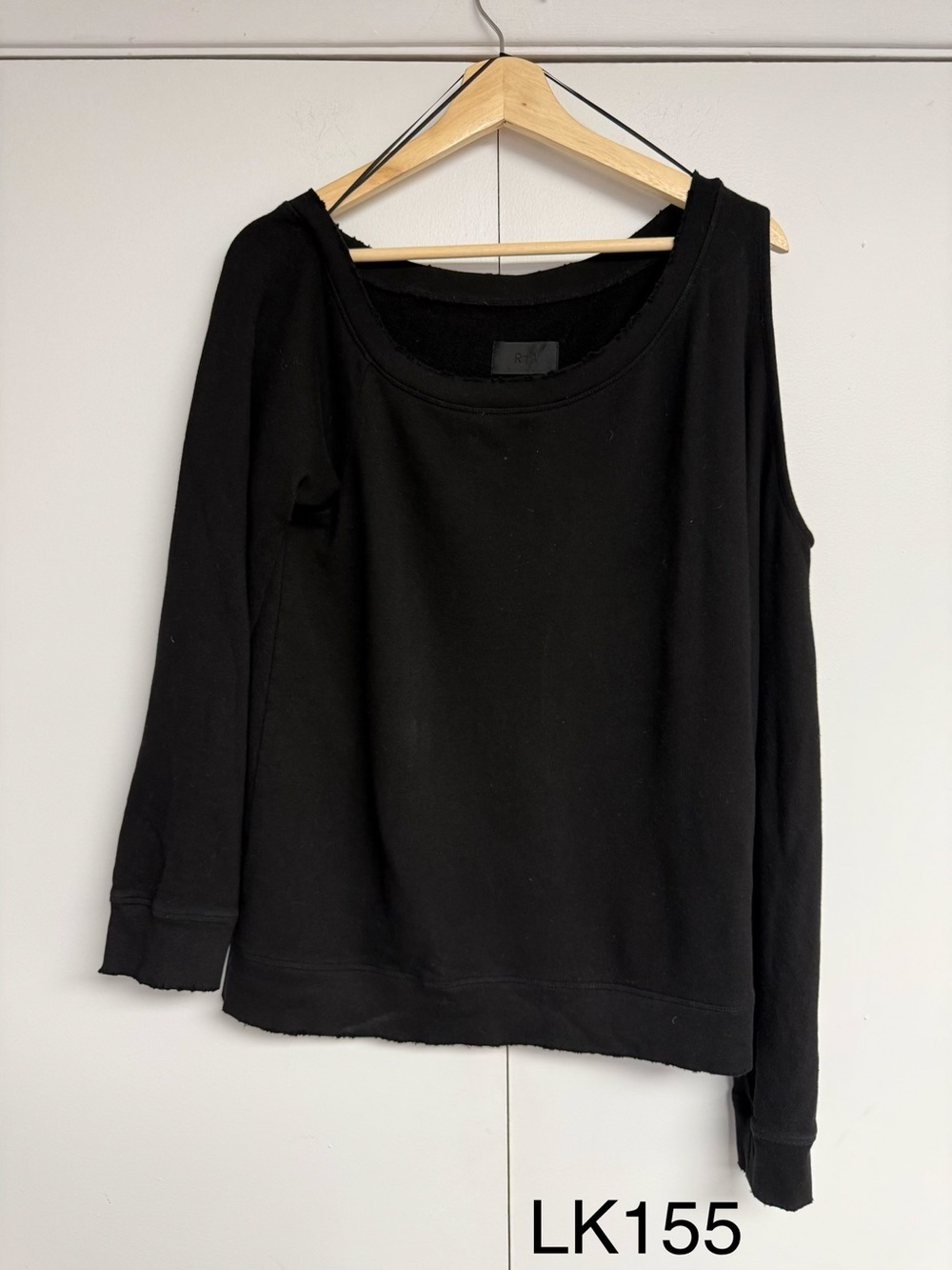 RtA Black One Shoulder Distressed Raw Edge Sweatshirt